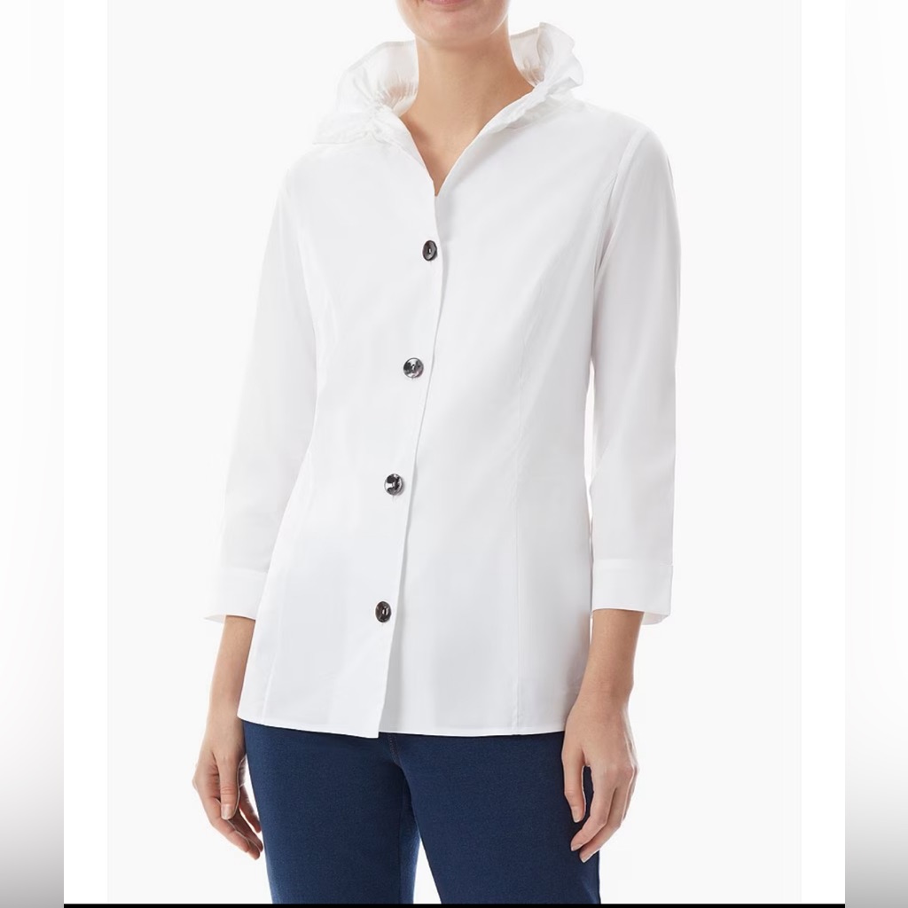 Ming Wang Stretch Cotton Poplin Ruffle Stand Collar Button Front Top Nwt